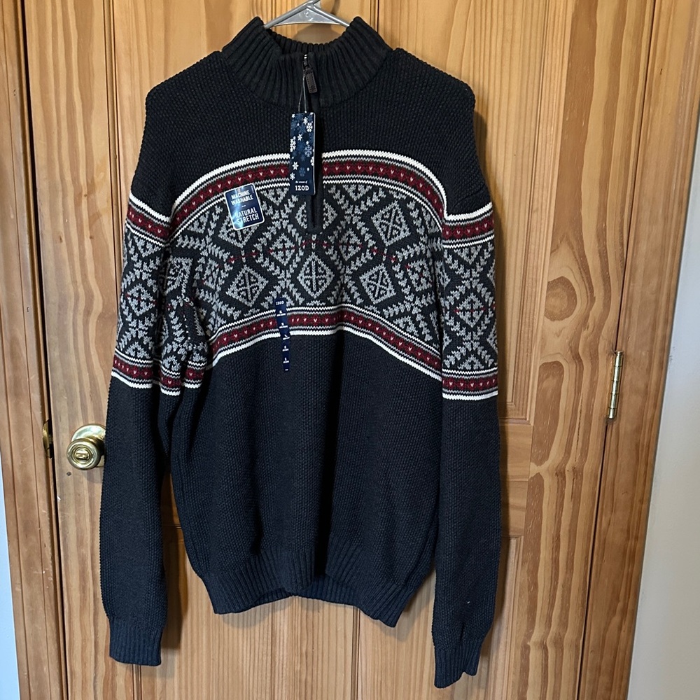 Izod Black Half-Zip Sweater with Gray & Red Nordic Pattern
